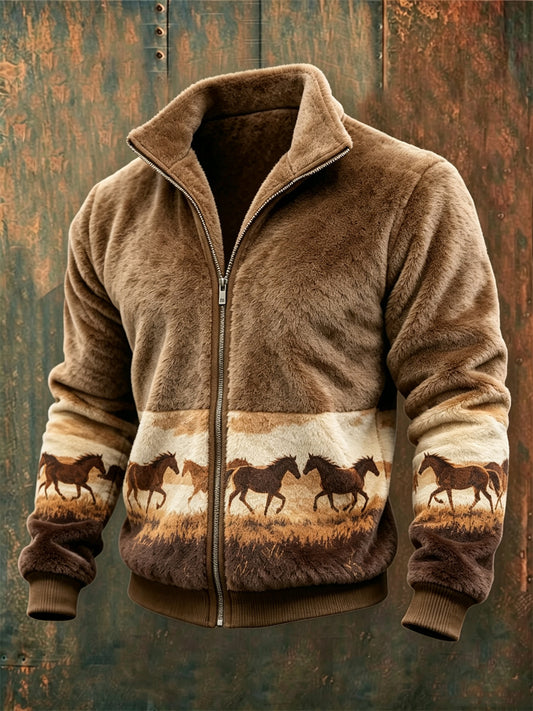 Men's Vintage Horses Landscape Print Cozy Flannel Full Zip Jacket
