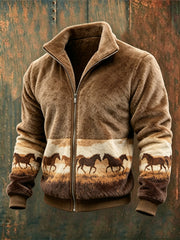 Men's Vintage Horses Landscape Print Cozy Flannel Full Zip Jacket