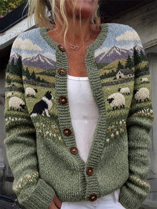 Women's Vintage Border Collie & Sheep Landscape Isle Print Cardigan-Style Knit Jacket