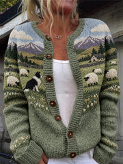 Women's Vintage Border Collie & Sheep Landscape Isle Print Cardigan-Style Knit Jacket