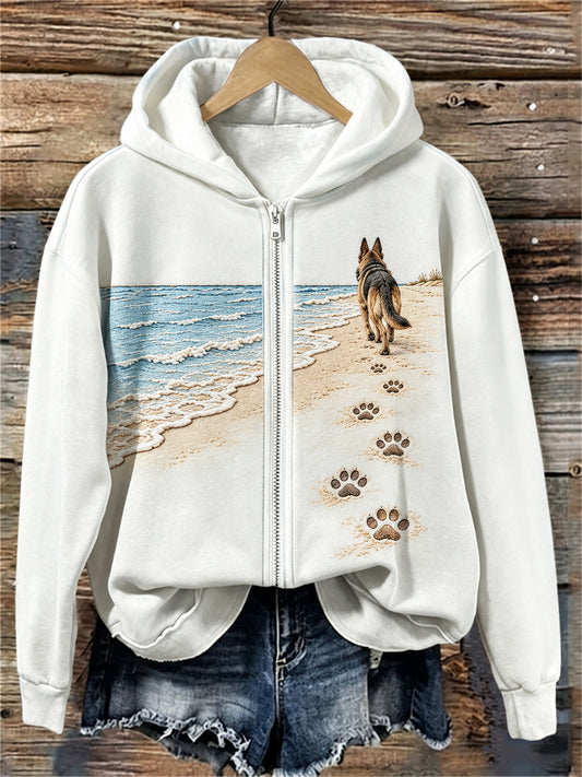 Women's German Shepherd Dog Beach Walking Paw Prints Full Zip Hoodie