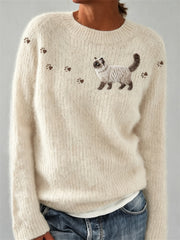 Women's Walking Ragdoll Cat & Paw Prints crew neck sweater