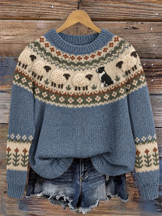 Women's Vintage Border Collie & Fuzzy Sheep Yoke Isle Print crew neck sweater