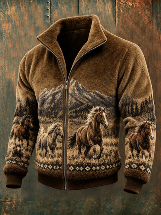 Men's Vintage Horses Landscape Print Cozy Flannel Full Zip Jacket