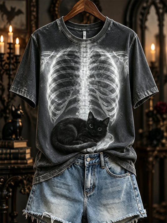 Women's Halloween Black Cat X-ray Rib Cage Print short-sleeved T-shirt