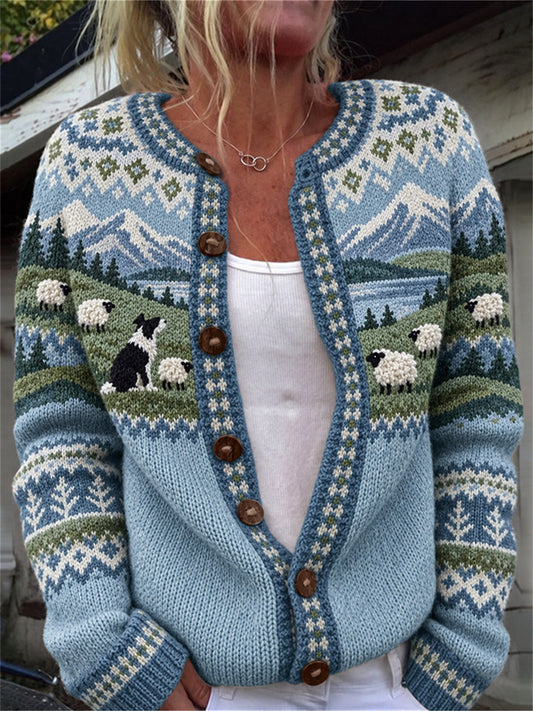 Women's Vintage Border Collie & Sheep Landscape Isle Print Cardigan-Style Knit Jacket