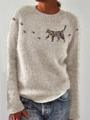 Women's Walking European Shorthair Cat & Paw Prints crew neck sweater