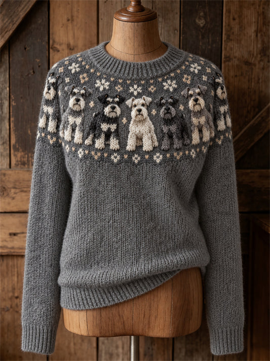 Women's Vintage Schnauzer Dogs Yoke Isle Print Cozy crew neck sweater