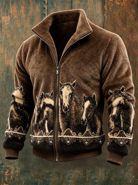 Men's Vintage Horses Print Cozy Flannel Full Zip Jacket