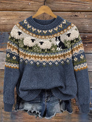 Women's Vintage Border Collie & Fuzzy Sheep Yoke Isle Print crew neck sweater