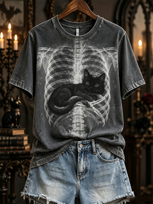 Women's Halloween Sleeping Black Cat X-ray Rib Cage Print short-sleeved T-shirt