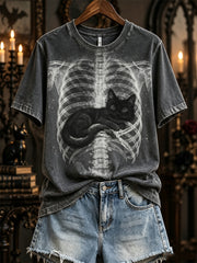 Women's Halloween Sleeping Black Cat X-ray Rib Cage Print short-sleeved T-shirt