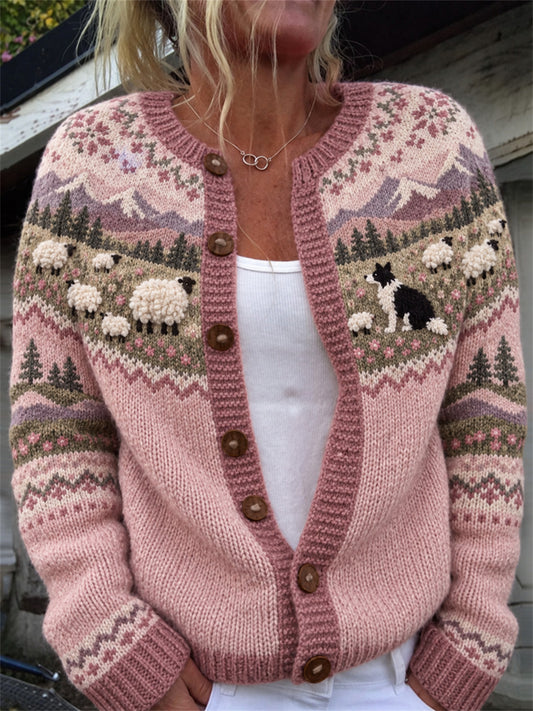 Women's Vintage Border Collie & Sheep Landscape Isle Print Cardigan-Style Knit Jacket