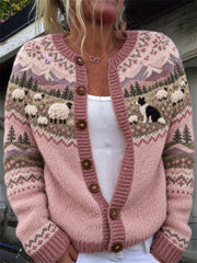 Women's Vintage Border Collie & Sheep Landscape Isle Print Cardigan-Style Knit Jacket