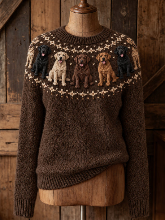 Women's Vintage Labrador Dogs Yoke Isle Print Cozy crew neck sweater