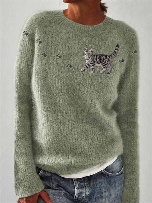 Women's Walking American Shorthair Cat & Paw Prints crew neck sweater