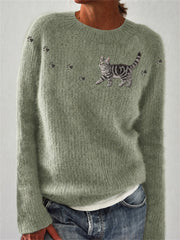 Women's Walking American Shorthair Cat & Paw Prints crew neck sweater