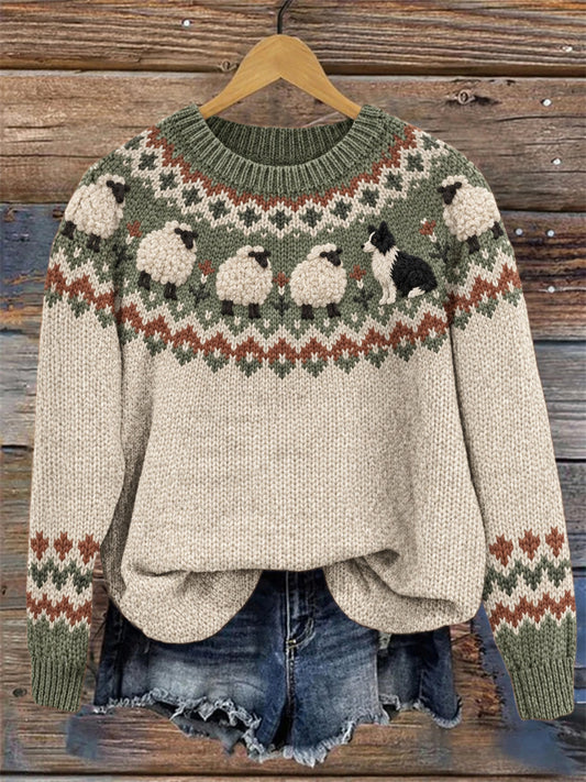 Women's Vintage Border Collie & Fuzzy Sheep Yoke Isle Print crew neck sweater