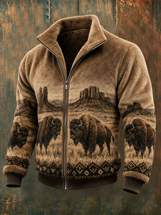 Men's Vintage Buffaloes Landscape Print Cozy Flannel Full Zip Jacket