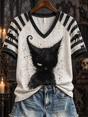Women's Halloween Black Cat Art Striped Raglan short-sleeved T-shirt