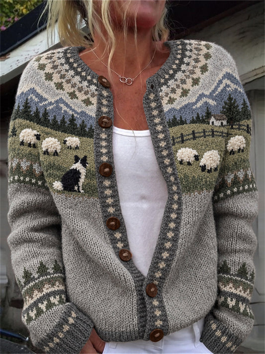Women's Vintage Border Collie & Sheep Landscape Isle Print Cardigan-Style Knit Jacket