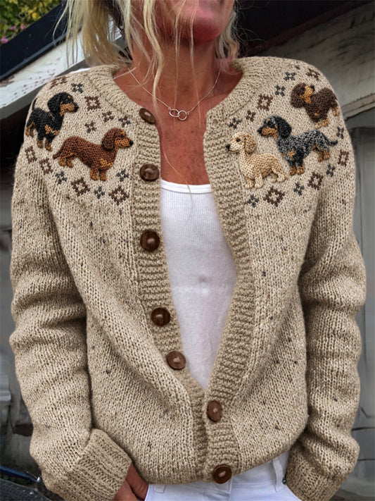Women's Vintage Dachshund Dogs Yoke Isle Print Cardigan-Style Knit Jacket