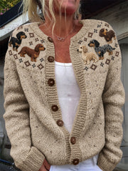 Women's Vintage Dachshund Dogs Yoke Isle Print Cardigan-Style Knit Jacket