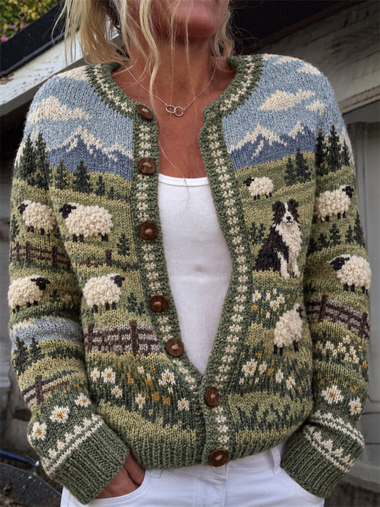Women's Vintage Border Collie & Fuzzy Sheep Landscape Print Cardigan-Style Knit Jacket