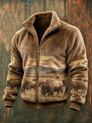 Men's Vintage Buffaloes Landscape Print Cozy Flannel Full Zip Jacket