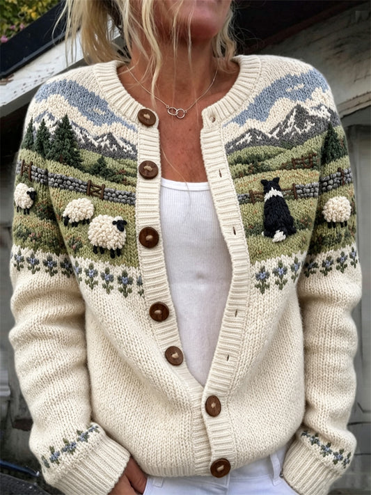 Women's Vintage Border Collie & Sheep Landscape Isle Print Cardigan-Style Knit Jacket