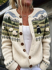 Women's Vintage Border Collie & Sheep Landscape Isle Print Cardigan-Style Knit Jacket