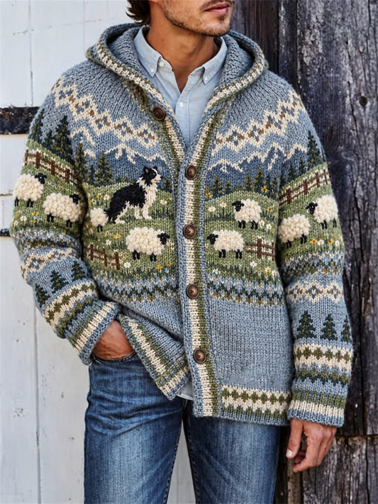 Men's Vintage Border Collie & Sheep Landscape Isle Print Cozy Hooded Cardigan
