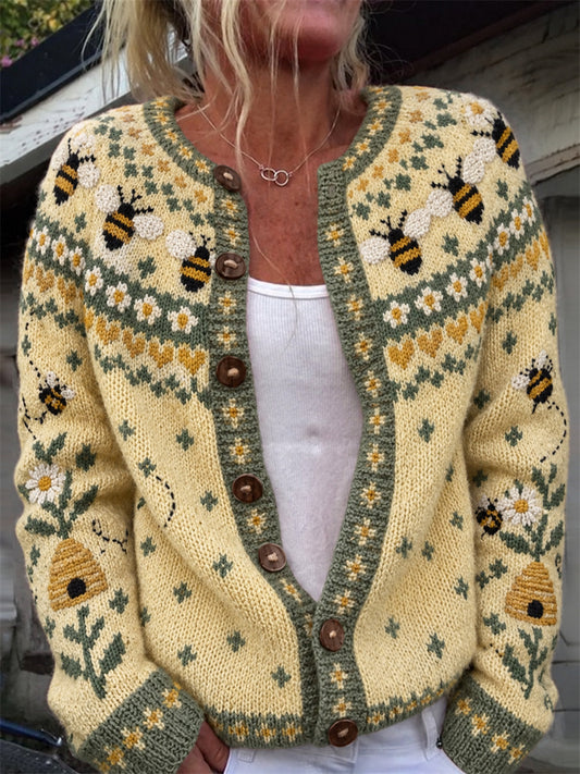 Women's Vintage Bees Farm Floral Isle Print Cardigan-Style Knit Jacket