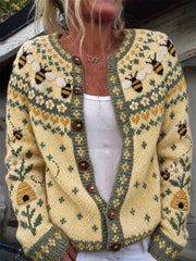 Women's Vintage Bees Farm Floral Isle Print Cardigan-Style Knit Jacket
