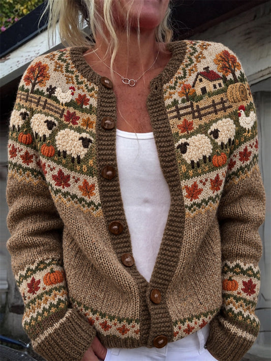 Women's Fall Farm Animals Harvest Season Isle Print Cardigan-Style Knit Jacket