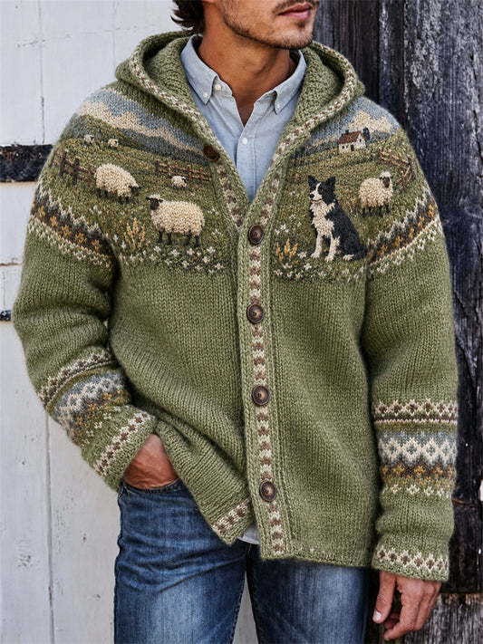 Men's Vintage Farm Border Collie & Sheep Yoke Isle Print Hooded Cardigan