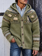 Men's Vintage Farm Border Collie & Sheep Yoke Isle Print Hooded Cardigan
