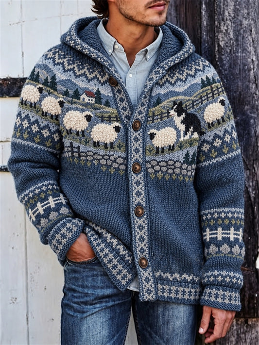 Men's Vintage Border Collie & Sheep Landscape Isle Print Cozy Hooded Cardigan