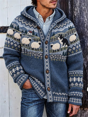 Men's Vintage Border Collie & Sheep Landscape Isle Print Cozy Hooded Cardigan