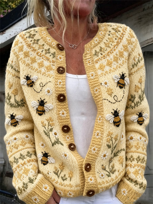 Women's Vintage Flying Bees Farm Floral Isle Print Cardigan-Style Knit Jacket