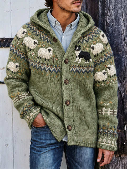 Men's Vintage Farm Border Collie & Sheep Yoke Isle Print Hooded Cardigan