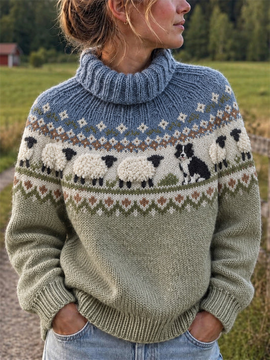 Women's Vintage Border Collie & Fuzzy Sheep Isle Pattern Turtleneck Sweater