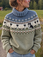 Women's Vintage Border Collie & Fuzzy Sheep Isle Pattern Turtleneck Sweater