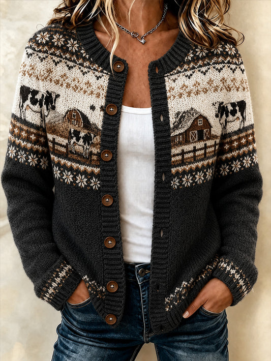 Women's farm cow pattern printed casual cardigan-style knit jacket