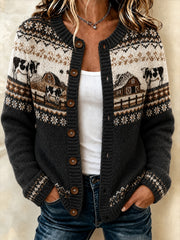 Women's farm cow pattern printed casual cardigan-style knit jacket