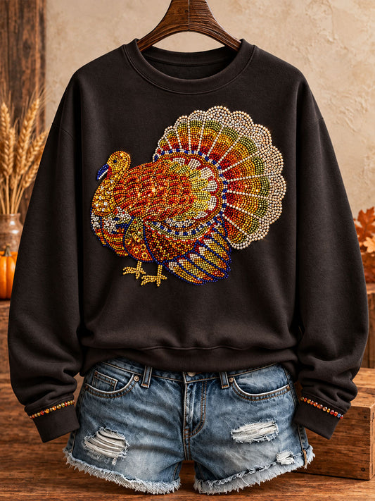 Women's Thanksgiving Turkey Art Thankful Printed Sweatshirt