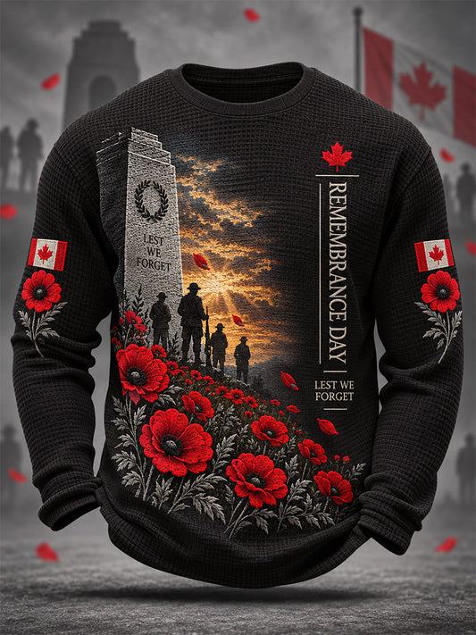 Men's Lest We Forget Canada Remembrance Day Print Waffle Long Sleeve T-Shirt