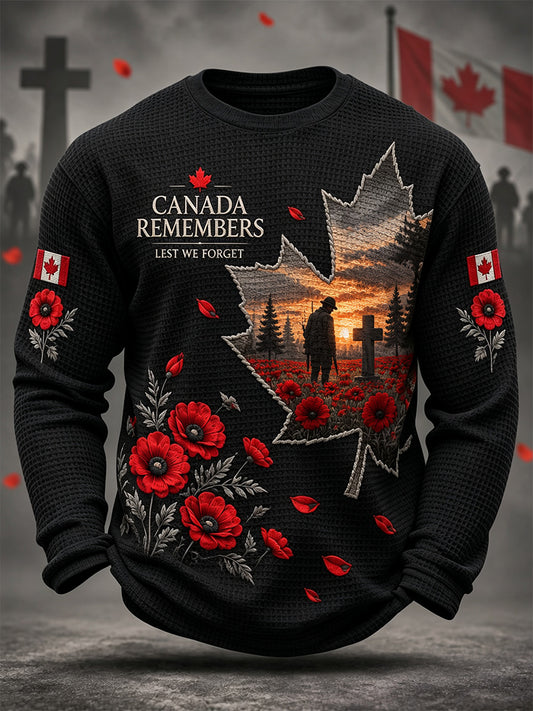 Men's Lest We Forget Canada Remembrance Day Print Waffle Long Sleeve T-Shirt