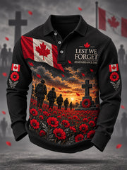 Men's Lest We Forget Canada Remembrance Day Print Long Sleeve Polo