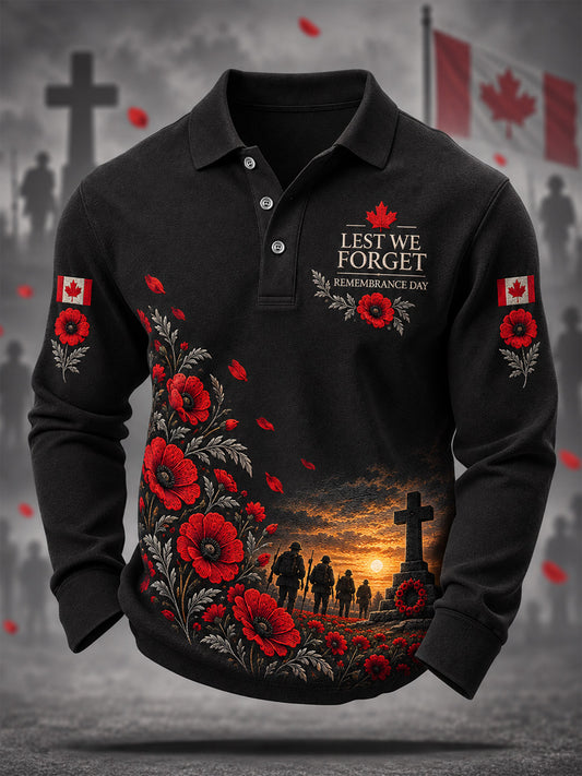 Men's Lest We Forget Canada Remembrance Day Print Long Sleeve Polo
